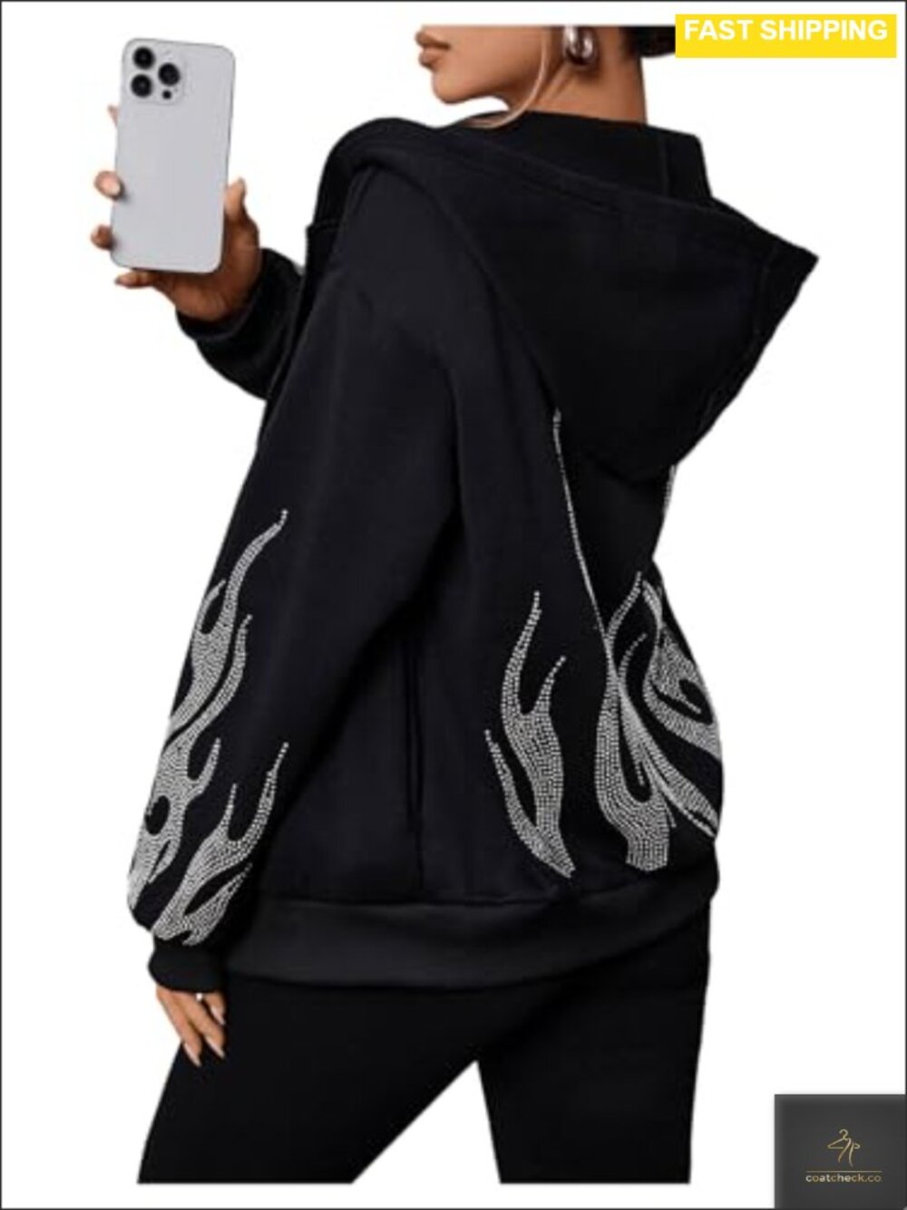 Oversized Rhinestone Zip Up Graphic Hoodie Drop Shoulder Sweatshirt